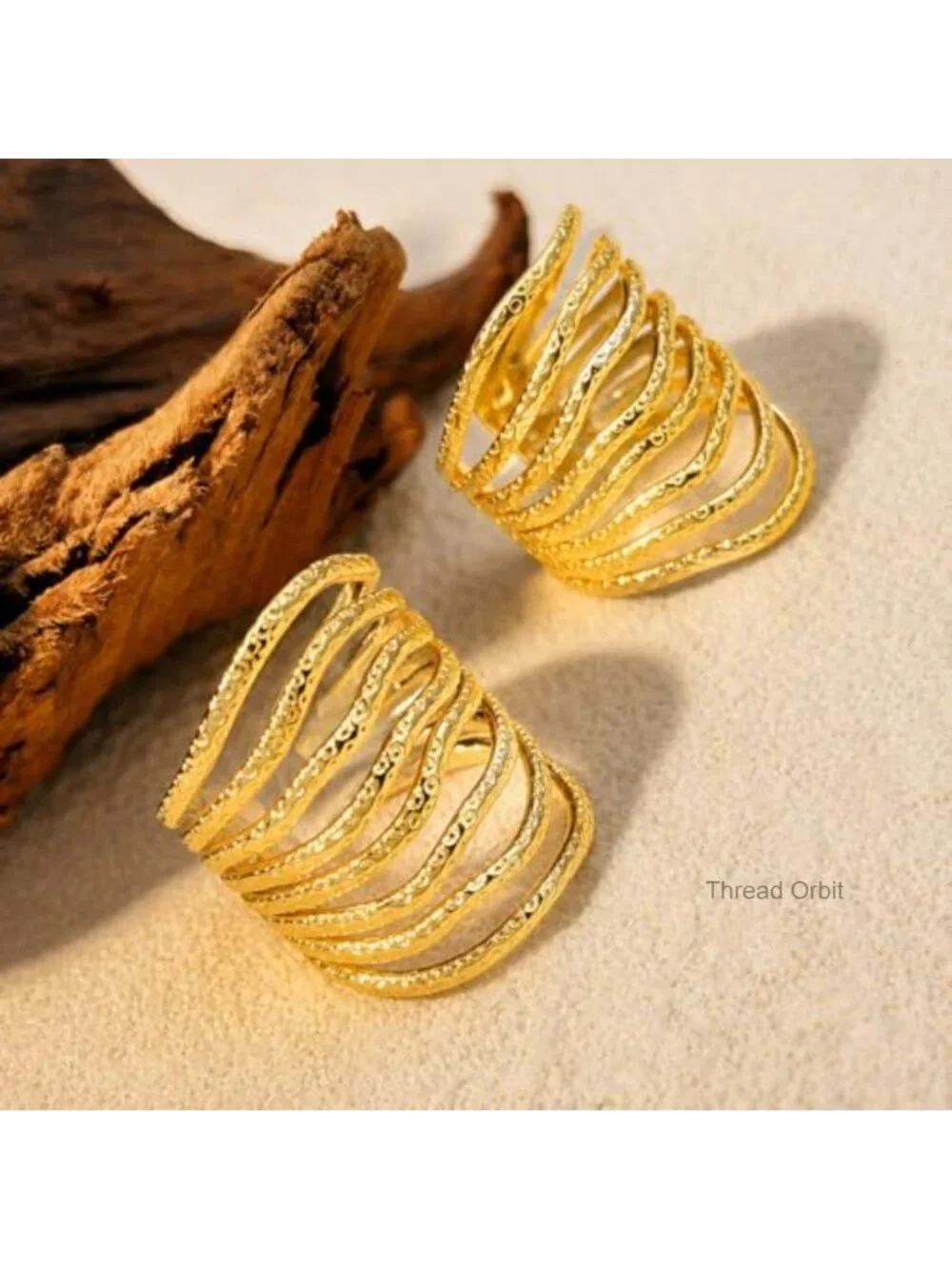 Gold Multi Layer Statement Ring, Wide Band Open Finger Stack Look Ring